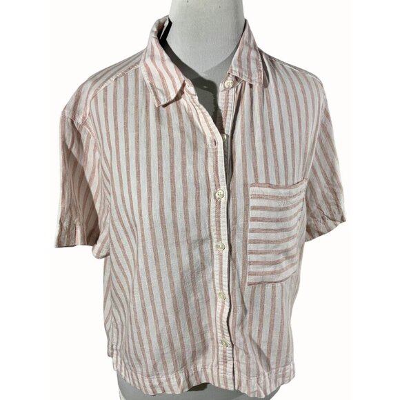 Forever 21 Tops - Forever 21 Womens Short Sleeve Peach Cream Striped Button Down Crop Linen Medium